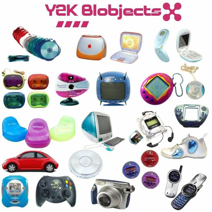 Collection of nostalgic 90s gadgets and toys including electronics, game controllers, and colorful tech accessories from the simpler 90s era.