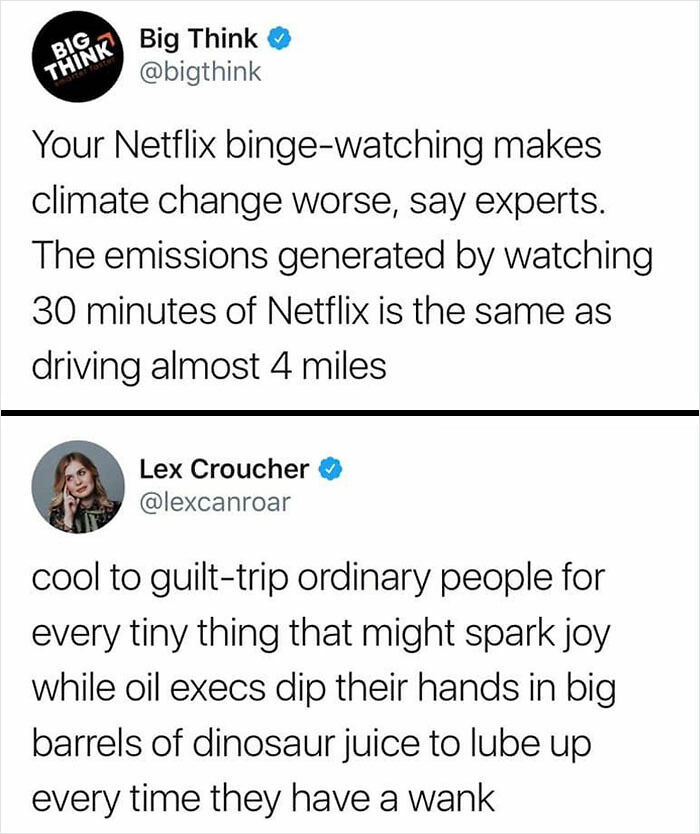 Tweet with hilarious and clever comebacks about Netflix emissions and oil executives.