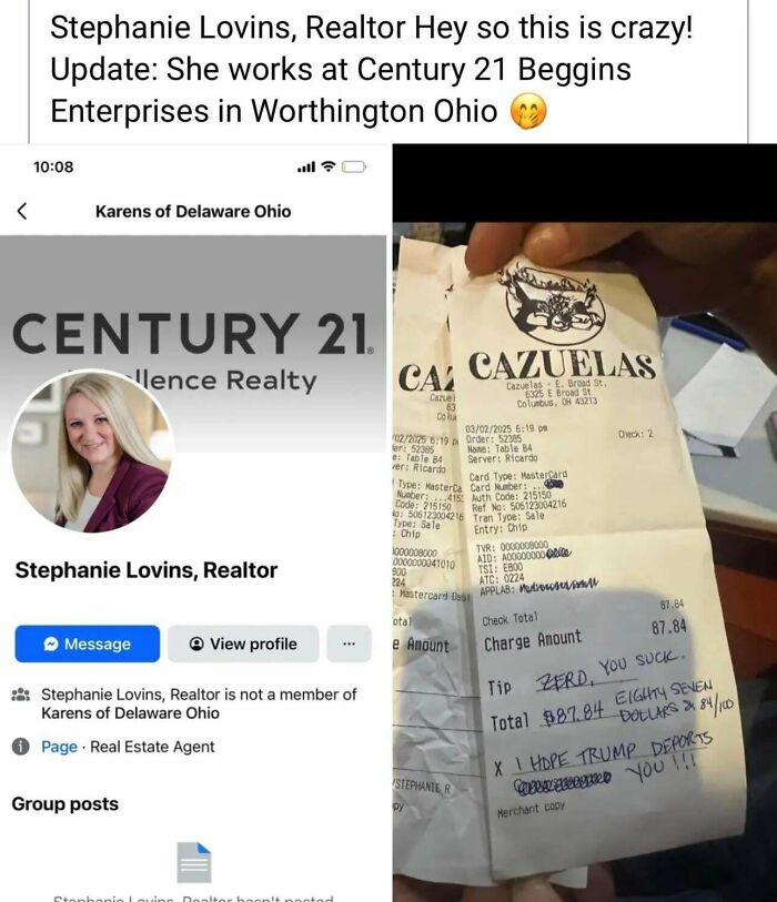 Realtor Stephanie Lovins profile next to a shocking restaurant receipt moment.