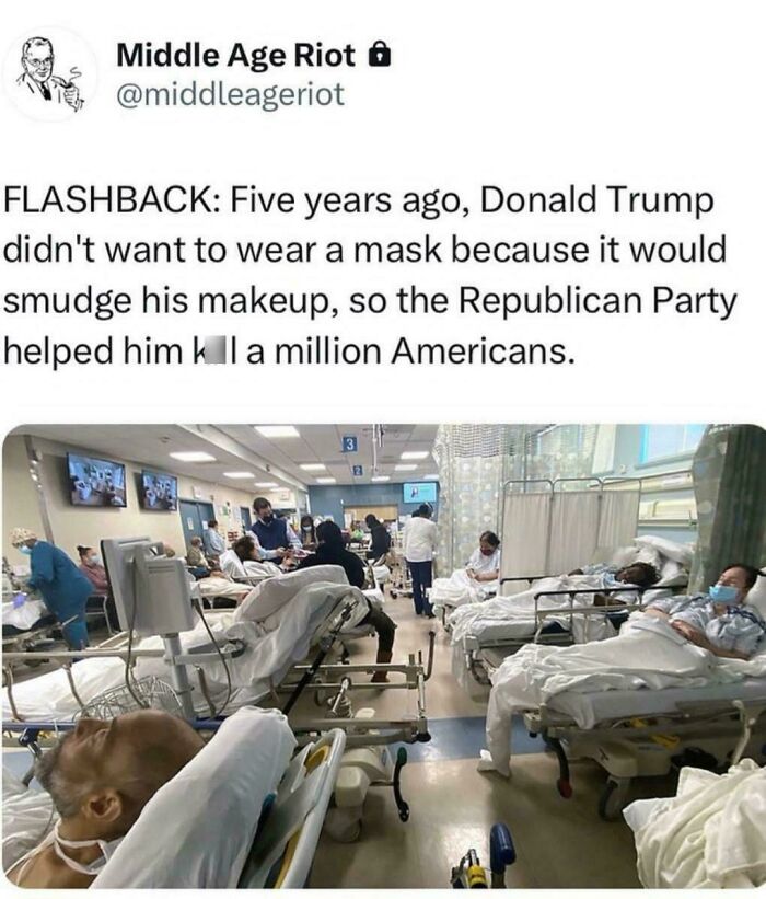 Tweet about Trump and mask refusal, with a busy hospital scene, illustrating facepalm moments questioning the world.
