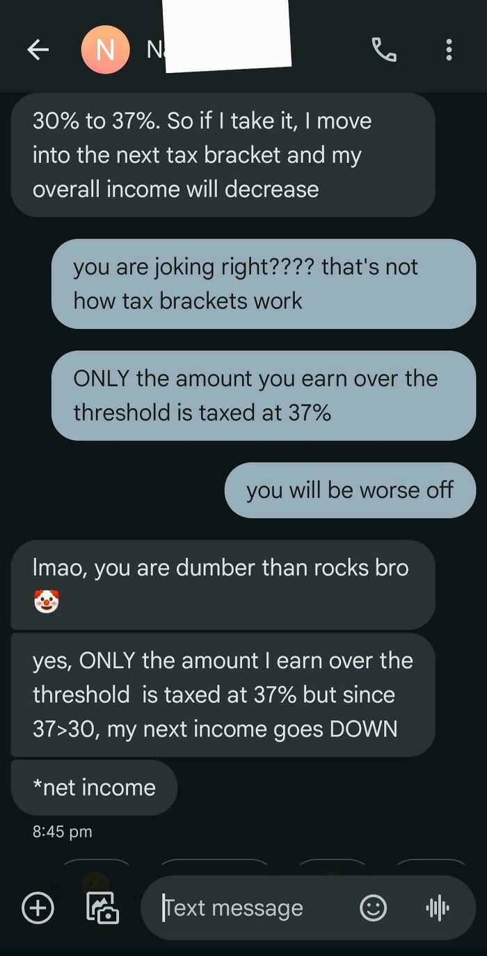 Text message debate illustrating confident but incorrect understanding of tax brackets in a roast from an online group.
