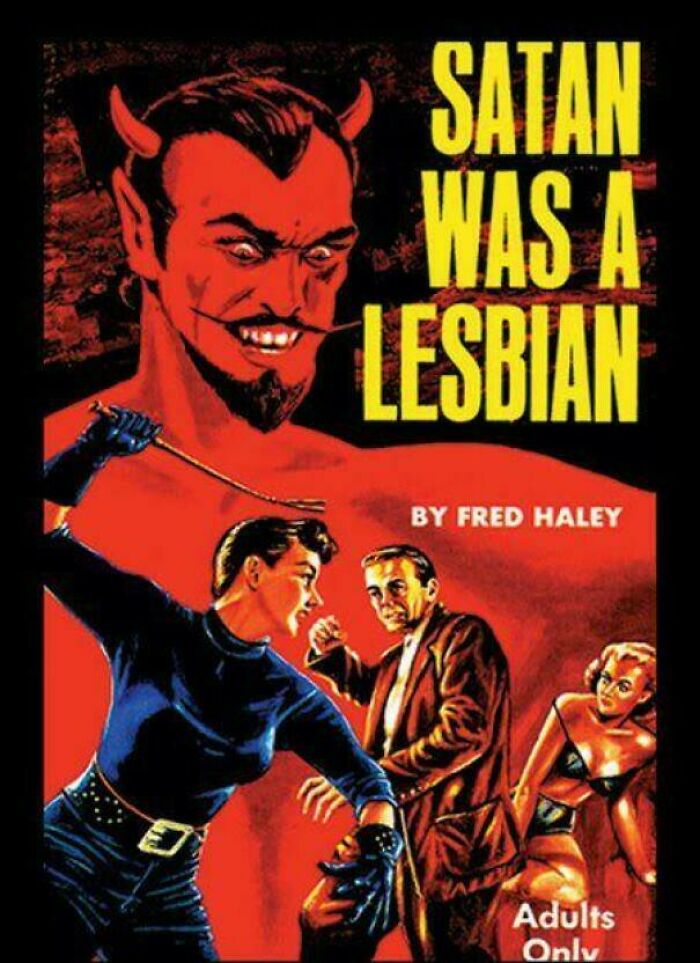 Terrible book cover featuring "Satan Was a Lesbian" with a stylized devil and dramatic scene below.