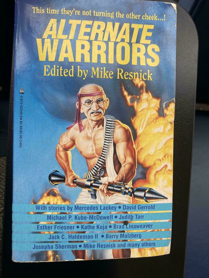 Terrible book cover of "Alternate Warriors" with muscular figure holding missile and flames in background.