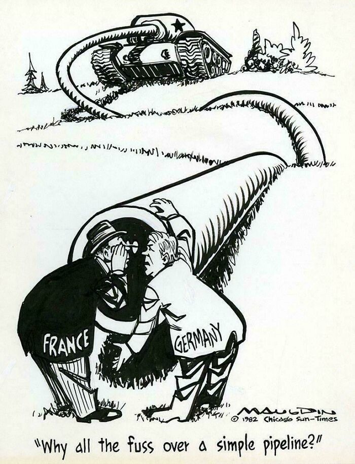 Black and white cartoon showing France and Germany inspecting a pipeline with a tank in the background, aged like wine prediction.