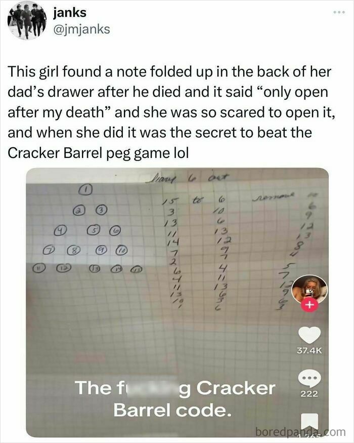 Handwritten Cracker Barrel peg game cheat sheet found in late father's drawer, shared on social media; relatable memes context.