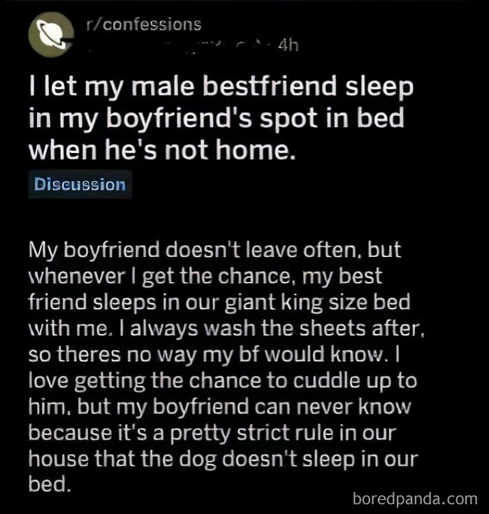 Confession post about letting a male best friend sleep over in boyfriend's absence, with a twist ending.