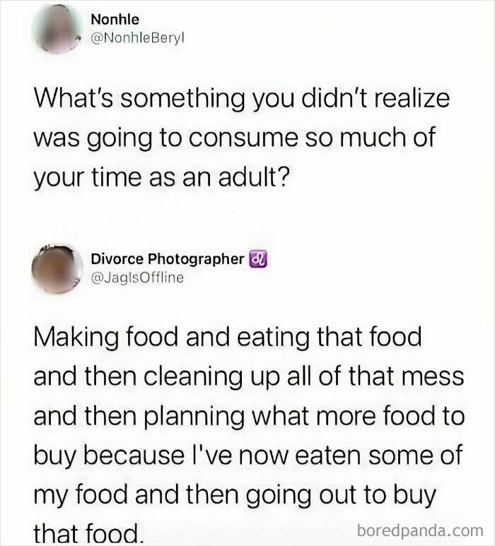 Humorous internet post about the time-consuming cycle of cooking, eating, and shopping for food as an adult.