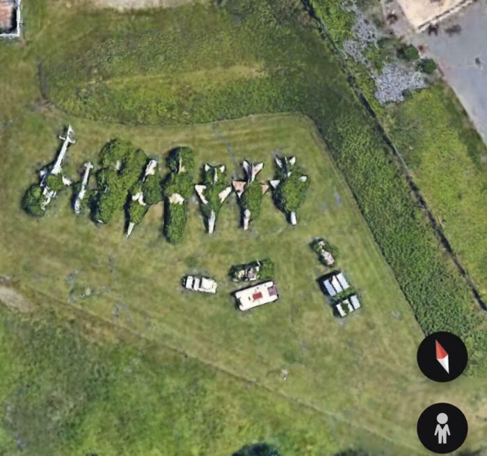 Strange shapes located on a grassy field, captured by Google Earth.