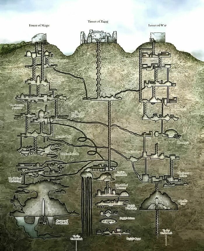 Ancient explorers' map illustrating preserved subterranean architecture with towers and tunnels.