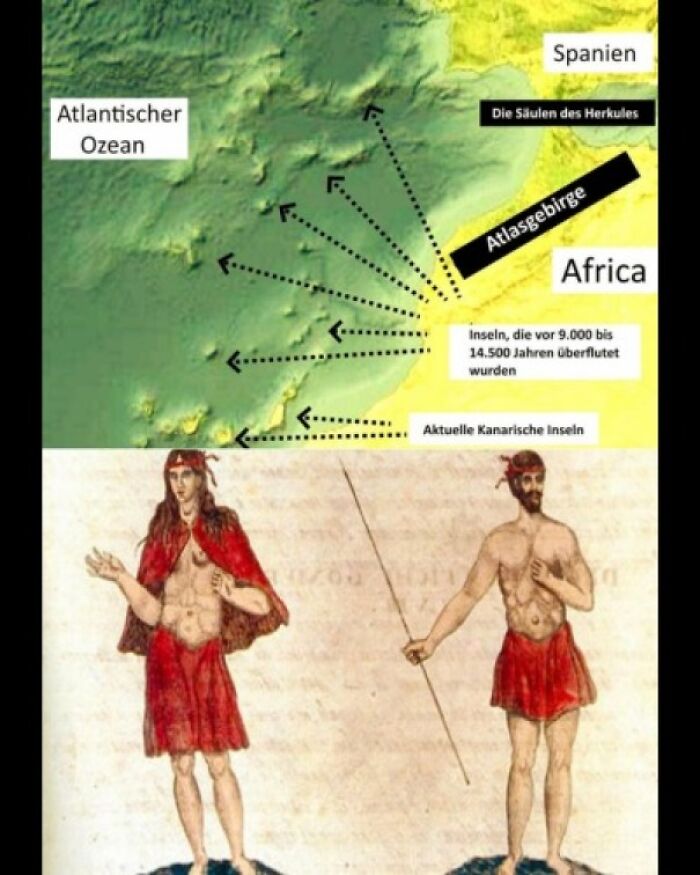 Map and illustration depicting ancient explorers and historical regions near Africa and Spain.