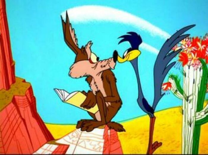 Wile E. Coyote and Road Runner in a classic desert scene, nostalgic cartoon characters from childhood memories.