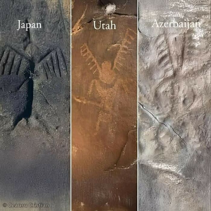 Ancient petroglyphs from Japan, Utah, and Azerbaijan showcasing historical rock carvings.