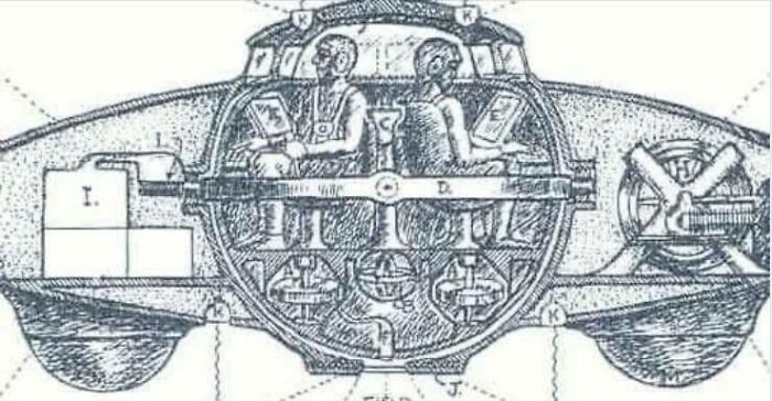 Vintage submarine blueprint showcasing ancient technology with detailed interior and design elements, featuring explorers' equipment.