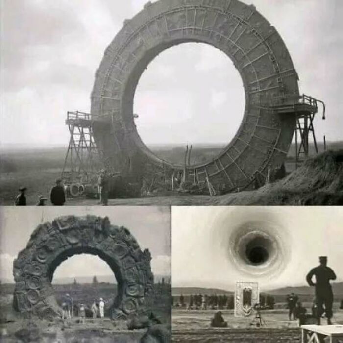 Ancient explorers revealing a large, circular structure with intricate designs, surrounded by onlookers in a historical setting.