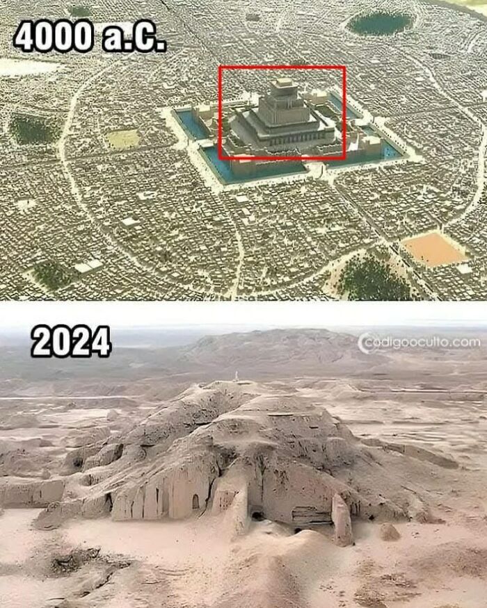 Ancient explorers depict a city from 4000 BC contrasted with 2024 ruins, showcasing preserved historical changes.