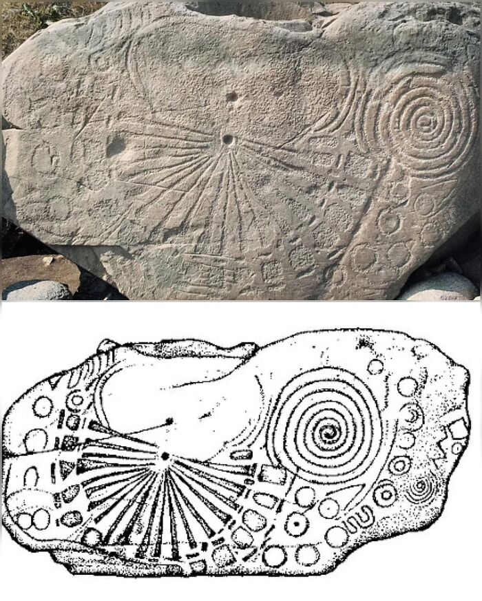 Ancient rock carvings with spirals and circles, alongside a detailed illustration.