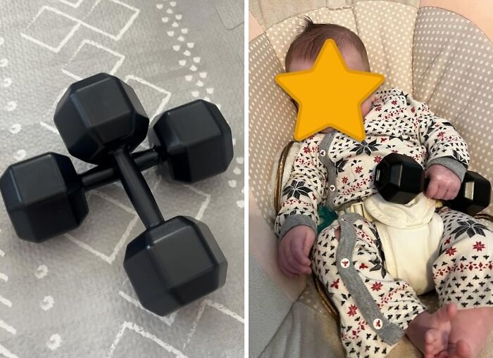 Genuine Fred dumbbells beside baby holding a similar toy, wearing patterned sleepwear on a soft cushion.
