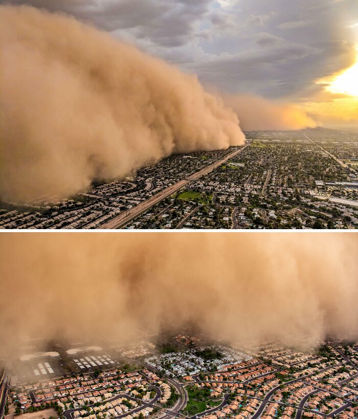 A massive dust storm engulfs a city, showcasing nature's powerful and terrifying presence.