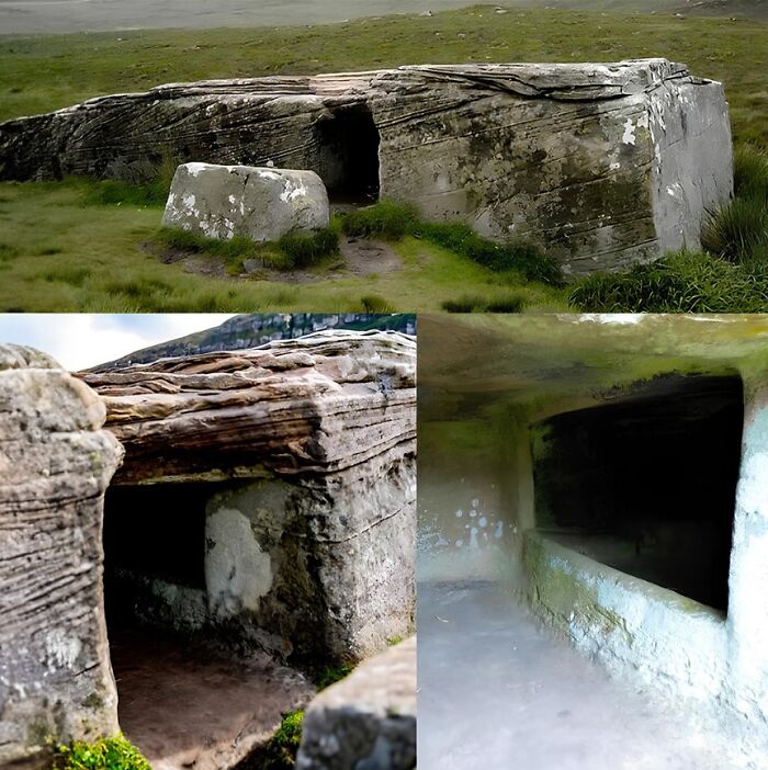Ancient explorers' stone structure preserved in a grassy landscape, showcasing historical architecture details.