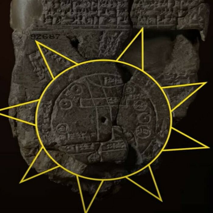Ancient explorers artifact showing intricate engravings, highlighted with sun-like design for emphasis.