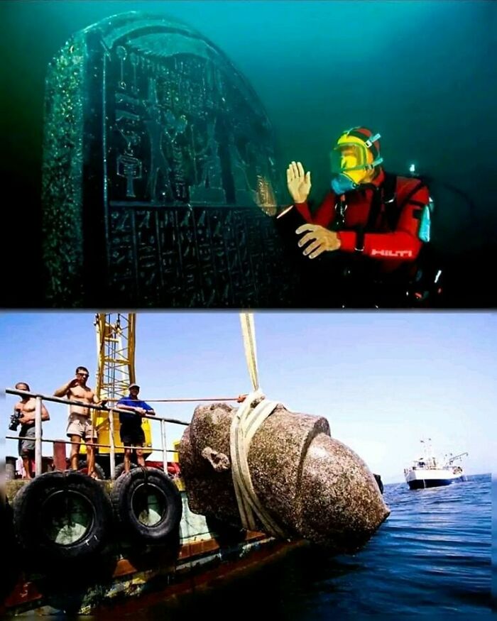 Diver examines ancient relic underwater; crew lifts historic statue on a boat.