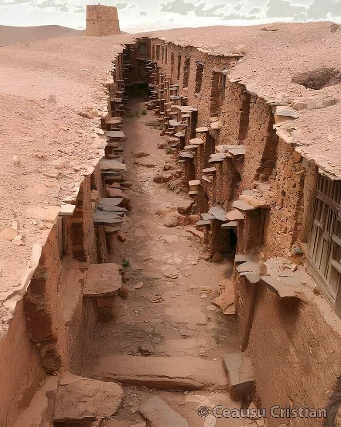 Ancient explorers' discovery of well-preserved historic stone structures in a desert landscape.