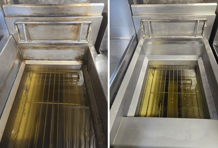 Before and after cleaning of a fryer, showing differences in cleanliness in the food service industry.