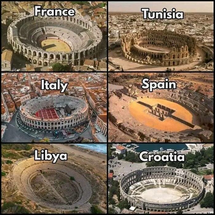 Ancient Roman amphitheaters from France, Tunisia, Italy, Spain, Libya, and Croatia, showcasing historical reach.
