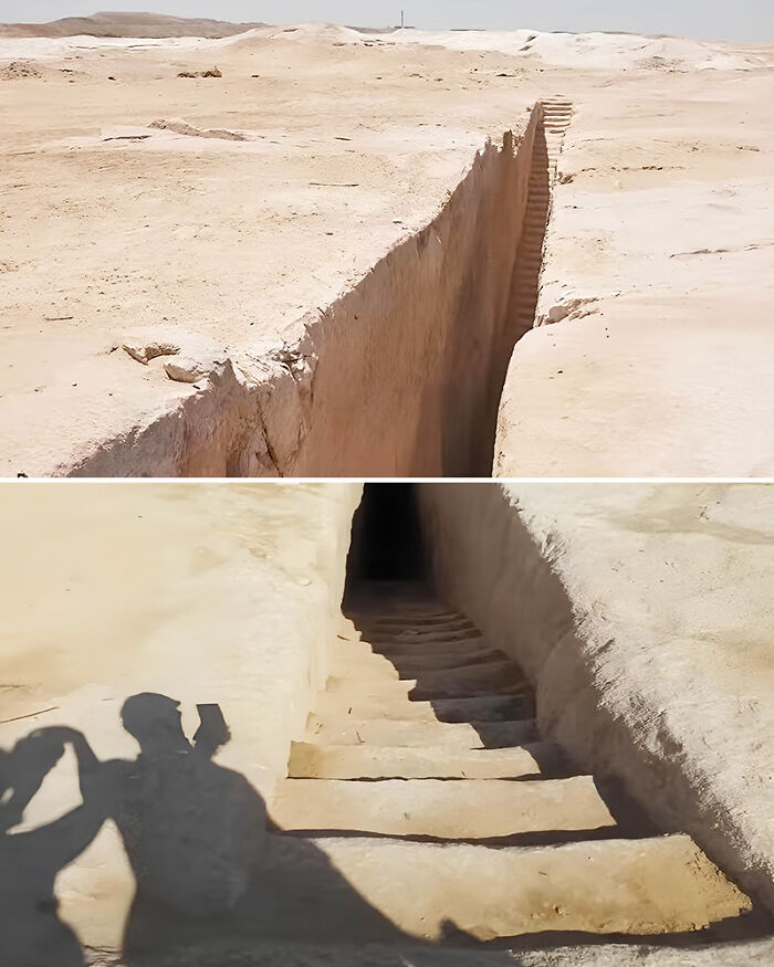 Ancient explorers uncover preserved underground staircase in a desert.