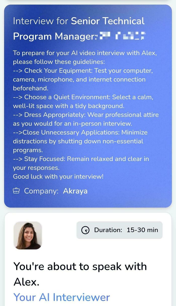 AI interview guidelines for a Senior Technical Program Manager role with outrageous job requirements shown.