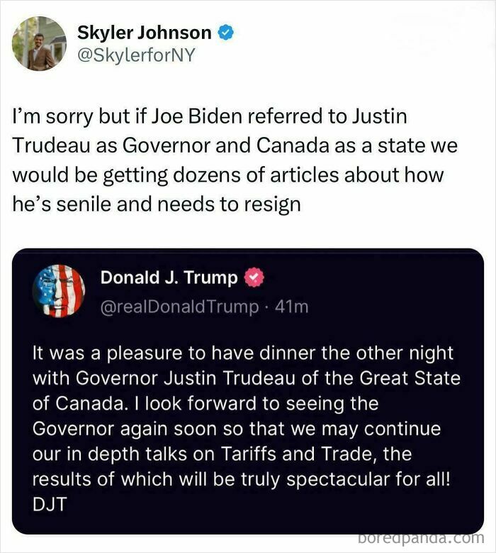 Skyler Johnson highlights facepalm moments, commenting on a tweet misnaming Justin Trudeau's title.
