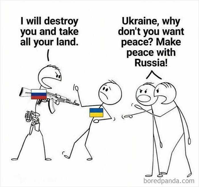Stick figures depicting conflicting advice to Ukraine and Russia, highlighting facepalm moments in political discourse.