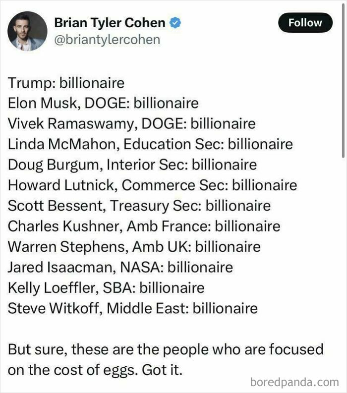 Tweet listing billionaires, highlighting facepalm moments, with a sarcastic remark about their focus on the cost of eggs.