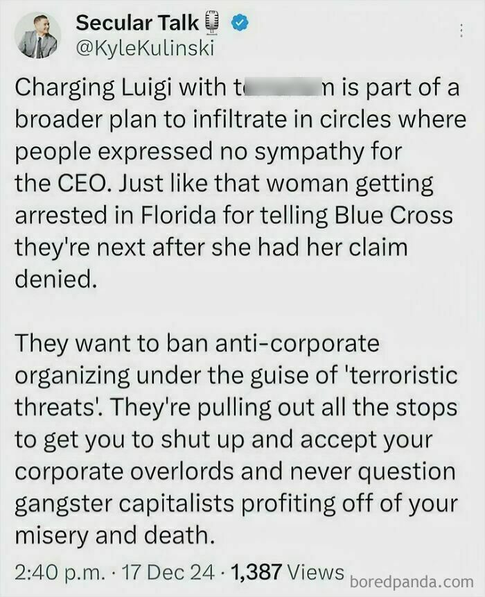 Tweet criticizing corporate influence and anti-activism efforts, highlighting facepalm moments in the world.
