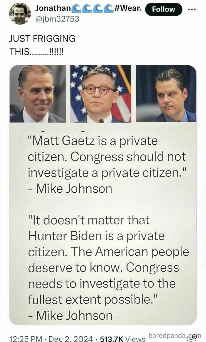 Tweet highlighting contradictory quotes about investigating private citizens, showcasing a facepalm moment.