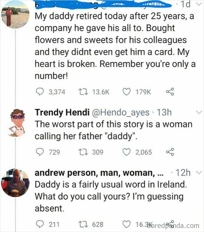 Humorous exchange on social media, showcasing random internet posts about calling a father "daddy."