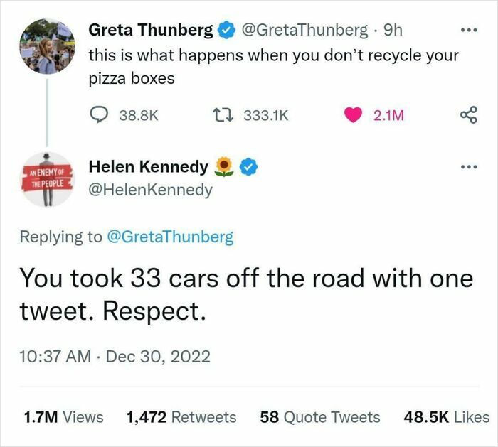 Screenshot of tweets about a rare compliment on taking cars off the road with a tweet.