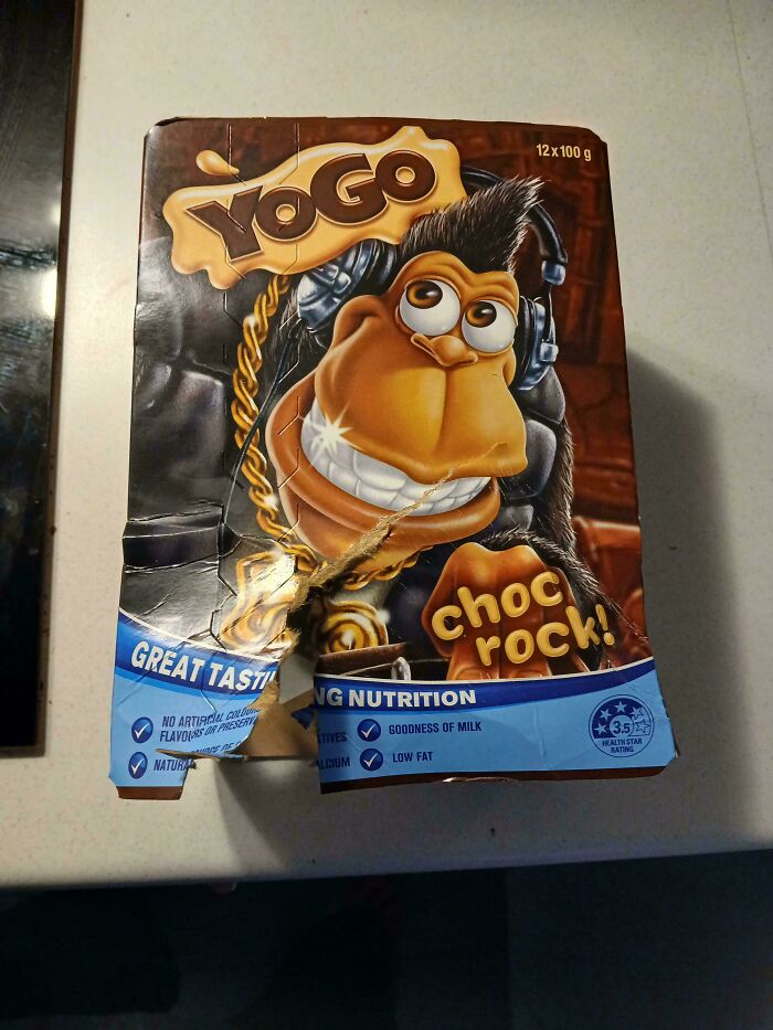Carton of Yogo Choc Rock dessert with cartoon character, featuring nutrition details from Australian community post.