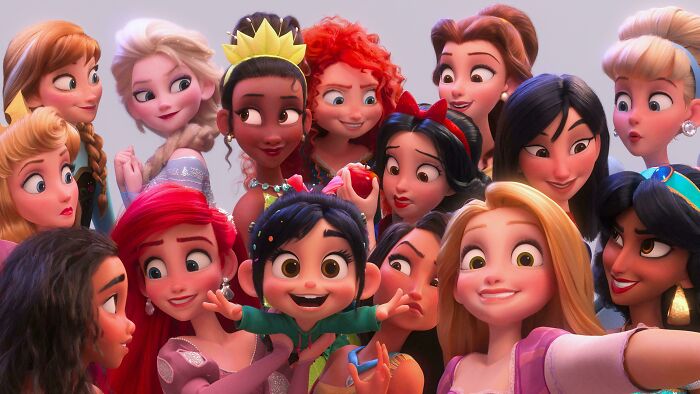 Animated group of princess characters posing for a joyful selfie, capturing wholesome parenting moments and family fun.