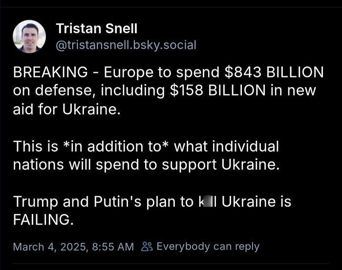 Tweet showing courage with a bold statement on Europe's defense spending and support for Ukraine, reflecting brave tweets.