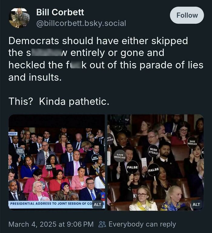 Tweet showing political protest signs during a presidential address capturing courage to speak out with bold statements.