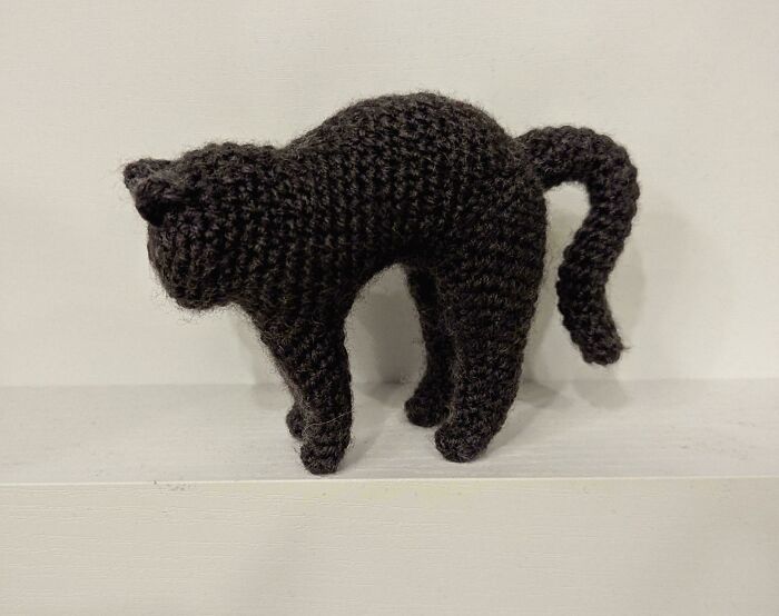 Crochet enthusiasts created an adorable black cat figure with detailed stitching and a curved tail displayed on a white surface.