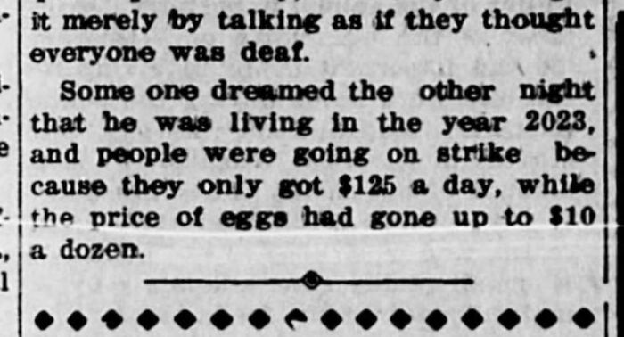 Vintage newspaper clipping showing a prediction about future strikes and rising egg prices, aged like wine accuracy example.