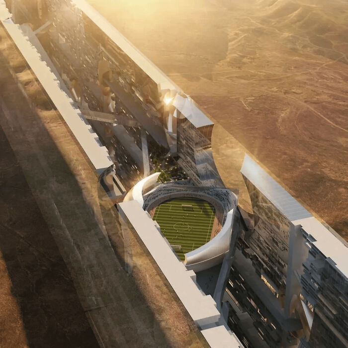 Futuristic urban landscape with a massive structure enclosing a green space, illustrating a surreal urban hell concept.