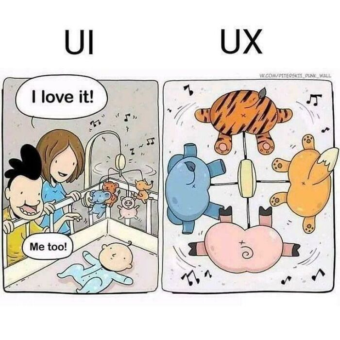 Cartoon illustrating difference between UI and UX in programming and computer science with playful baby mobiles and characters.