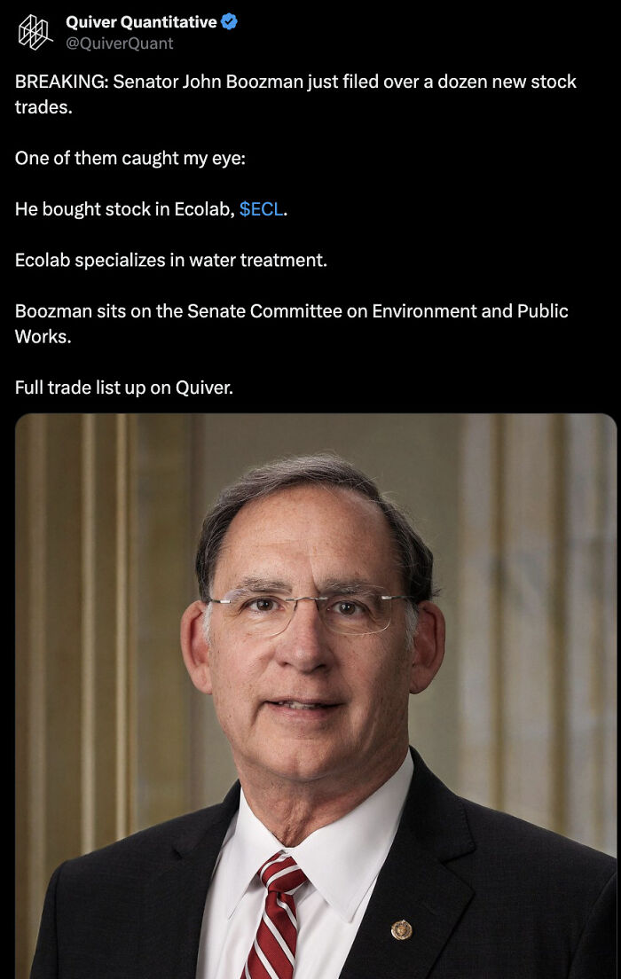 Quiver Quantitative reports on senator’s new stock trades; focus on Ecolab purchase.