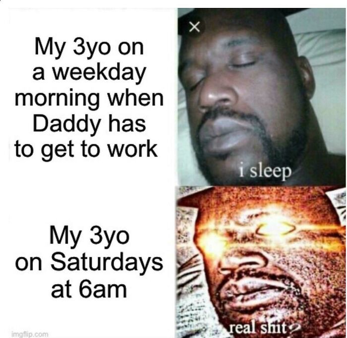 Dad doing his best parenting moments with a toddler sleeping early and wide awake on weekend mornings.