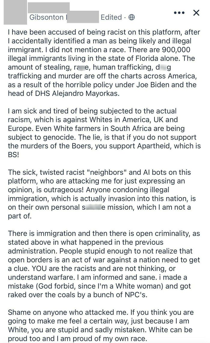 Screenshot of a controversial post from an app dedicated to neighbors discussing immigration and racism topics.