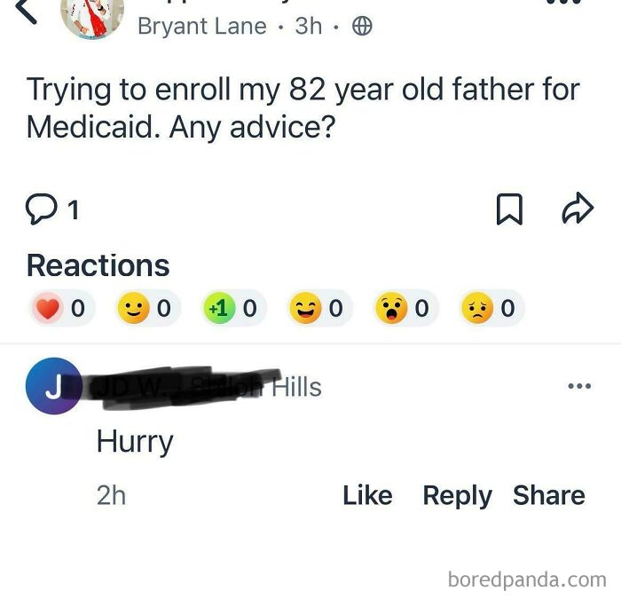 Screenshot of a post from an app dedicated to neighbors, showing a question about enrolling an elderly parent in Medicaid.