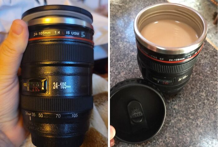 Camera lens mug filled with coffee, testing self-control with its realistic design.